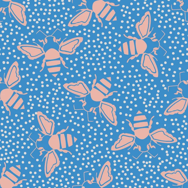 Honingbij vector naadloze patroon achtergrond. Heldere blauwe en roze silhouetten van met de hand getekend vliegend insect op een gestippelde achtergrond. Tuinwants herhalen. Overal print voor zomer, wellness, babyproducten — Stockvector