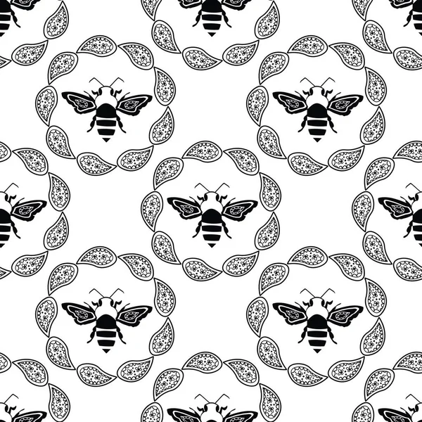 Stylized honey bee seamless vector pattern background. Formal black and white geometric backdrop with flying insect in round frames of paisley florals. Elegant vintage line etching style repeat — Stock Vector