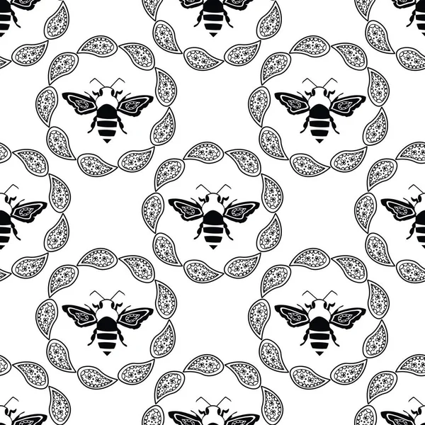 Stylized honey bee seamless vector pattern background. Formal black and white geometric backdrop with flying insect in round frames of paisley florals. Elegant vintage line etching style repeat Royalty Free Stock Illustrations