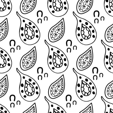 Modern şal desenli arka planda kusursuz vektör deseni bırakır. Siyah ve beyaz geometrik tekrarlar, el yapımı yapraklar ve şekiller. Doodle stili çizimler. Sağlık ve ambalaj için her yerde baskı var.