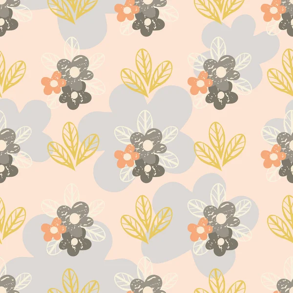 Wilde Wiesenblumen nahtlose Vektormuster Hintergrund. Retro-Farbe kleine Blüten und Blätter auf strukturiertem Hintergrund. Geometrisches Design Mitte des Jahrhunderts. Pastellwiederholung für Stoff, Verpackung, Schreibwaren — Stockvektor