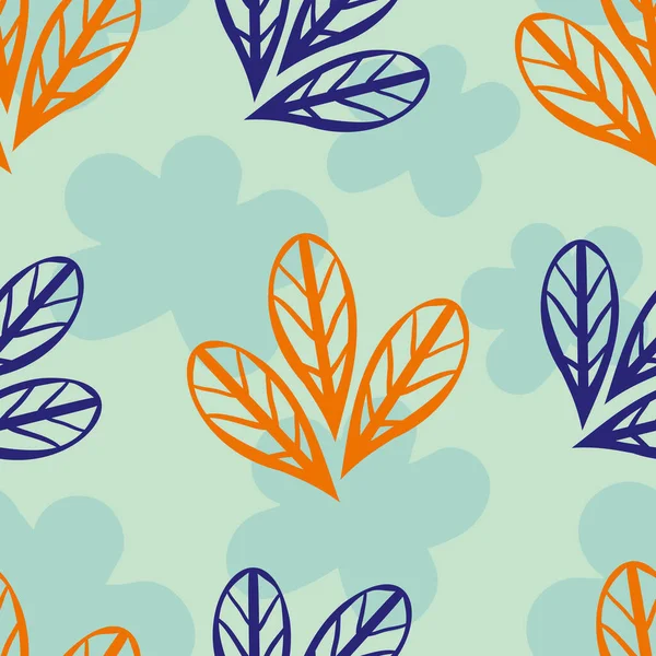 Дикий луг оставляет бесшовный векторный фон. Tal, orange, indigo trio of leaves on silhouette floral textured backdrop. Просторный геометрический дизайн. Повторите концепцию оздоровительного и спа — стоковый вектор