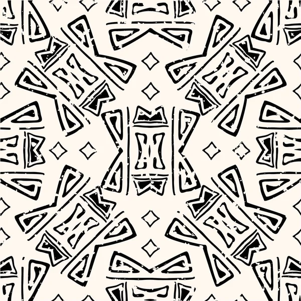 Astratto azteco senza soluzione di continuità sfondo del modello vettoriale. Sfondo di forme disegnate a mano in bianco e nero.Con grunge texture per un look invecchiato. Ripetizione etnica geometrica per imballaggi ecologici — Vettoriale Stock