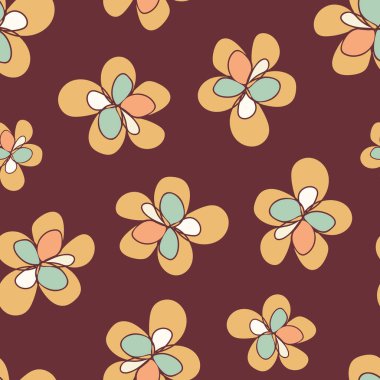 Retro rengi turuncu çiçekler kusursuz vektör desenli arka plan. Çikolata kahverengi arka planda basit bir el çizimi. Botanik tasarımı. Ev dekorasyonu, ambalaj, kırtasiye malzemeleri için her yerde baskı var.