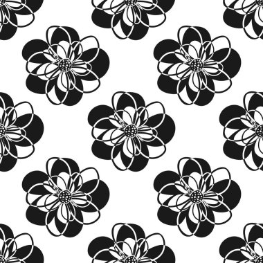 Siyah ve beyaz vektör kesme stili çiçekleri kusursuz vektör desenli arka plan. Eğlenceli modern el, çiçek desenli siluetler çizdi. Botanik tasarımı. Paketleme ve kırtasiye için her yerde Geometrik yazılar
