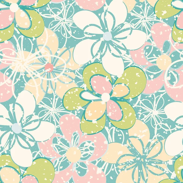 파스텔 벡터 꽃 벽 섬유없는 벡터 패턴 배경. 밝은 녹색, 분홍색, 파란색으로 겹쳐진 평평 한 면들 이 배경에 빽빽 하게 깔려 있습니다. 손으로 그린 꽃은 눈처럼 얼룩덜룩 한 질감을 지니고 있다. 사방에 식물적으로 인쇄되어 있다. — 스톡 벡터
