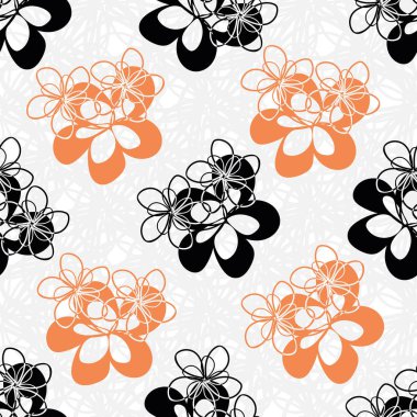 Modern vektör siyah ve turuncu çiçekler kusursuz vektör desenli arka plan. Hafif desenli arka planda çiçek desenli siluetleri kes. Ambalaj ve kırtasiye için botanik geometrik tasarım