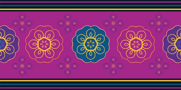 Vector Ινδονησίας μπατίκ στυλ floral απρόσκοπτη σύνορα. Όμορφο πανό με στυλιζαρισμένο μωβ, χρυσό, μπλε λουλούδια σε σκούρο ροζ φόντο με ριγέ μπορντούρα. Κομψό γεωμετρικό σχέδιο στο χέρι — Διανυσματικό Αρχείο