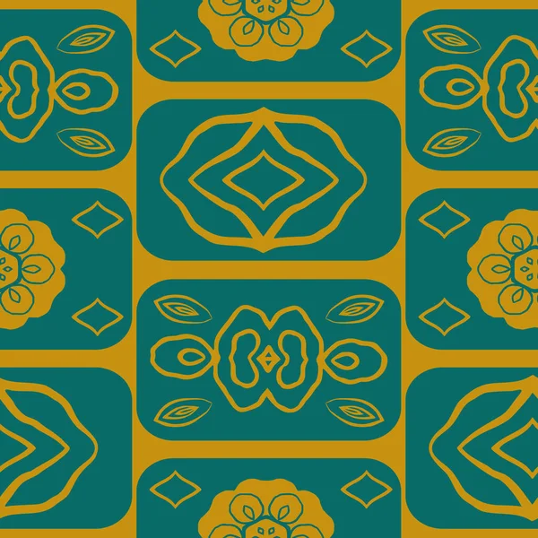 Vector teal e laranja estilo azulejo mexicano sem costura fundo padrão. Cenário geométrico moderno com retângulos arredondados e decorações populares ingênuas. Desenho desenhado à mão. Toda a impressão para o bem-estar —  Vetores de Stock
