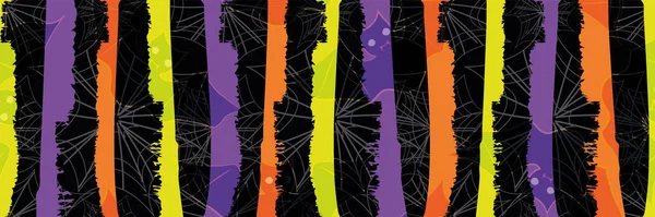 Гранж-полоса Хэллоуина и вектор паутины бесшовные границы. Вертикальный полосатый неоновый цветной баннер с живописно толстыми линиями и прозрачными летучими мышами. Ручной рисунок жуткий мультяшный дизайн для вечеринок — стоковый вектор