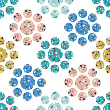 Vektör terrazzo soyut çiçeksiz desenli arka plan. Çiçek olarak dizilmiş mozaik küreler. Pembe, mavi, sarı, beyaz zemin. Paketleme ve güzellik için baskıya sarılmış efekt