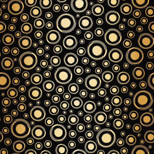 ブラックゴールド箔サークルシームレスベクトルパターンの背景。モダンなスタイリッシュなドットメタリックの背景。豪華なギフトラップ、ゴールデンウェディング記念日のコンセプトのための印刷の上にエレガントなシャンパンバブル — ストックベクタ