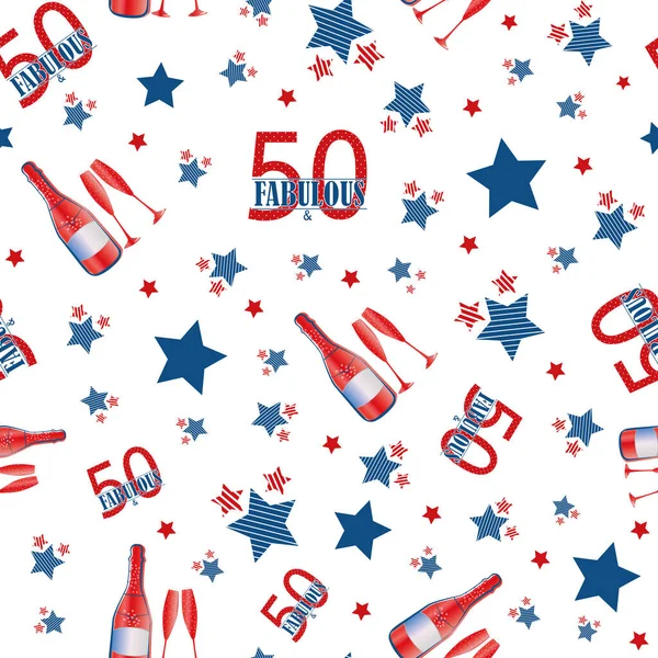 Femtio och fantastiska sömlösa vektor mönster bakgrund. Röd, blå, vit bakgrund med utspridd text, randiga stjärnor, champagneflaskor, glasögon. Americana stil design för födelsedag, affärsdag — Stock vektor