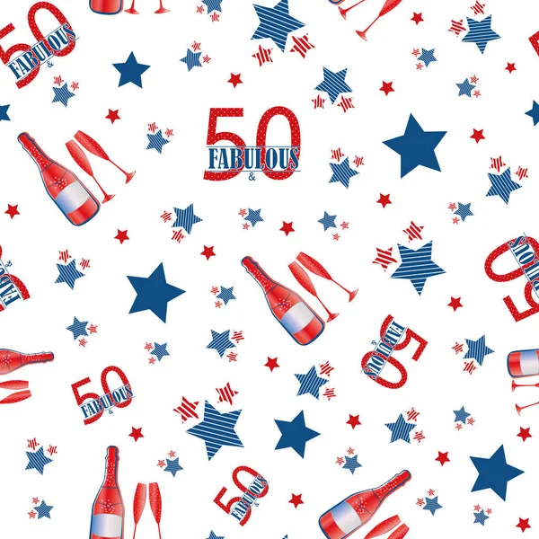 Cincuenta y fabuloso fondo de patrón de vector sin costura. Fondo rojo, azul, blanco con texto disperso, estrellas rayadas, botellas de champán, copas. Diseño de estilo americano para cumpleaños, aniversario de negocios — Archivo Imágenes Vectoriales