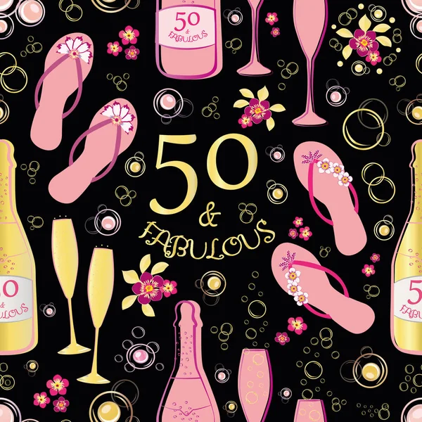 Cinquanta e favoloso sfondo modello vettoriale senza soluzione di continuità. Sfondo rosa, oro e nero con testo, infradito,, bottiglie di champagne, bicchieri frizzanti, fiori. Per il concetto di festa di compleanno in spiaggia — Vettoriale Stock