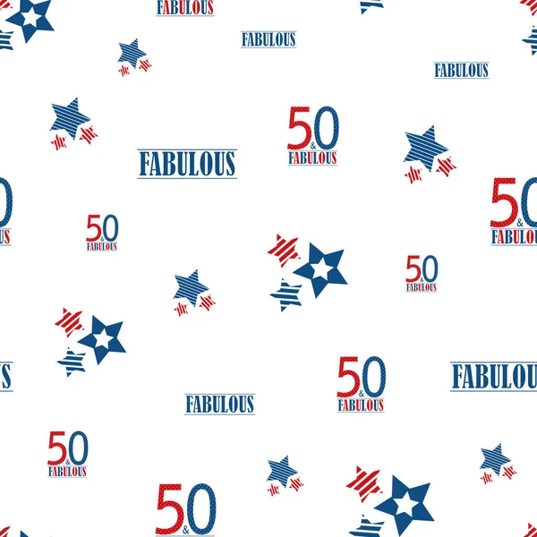 50と素晴らしいシームレスベクトルパターンの背景。赤、青、散乱テキスト、縞模様の星、シャンパンボトル、ガラスと白の背景。誕生日、ビジネス記念日のためのアメリカスタイルのデザイン — ストックベクタ