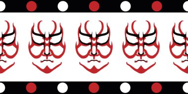 Japon draması Kabuki vektör sınırıyla karşı karşıya. Kırmızı ve siyah tiyatro maskeleri beyaz arka planda noktalı kenarlı. Uzak doğu konsepti, kurdele, süsleme için el çizimi Aragoto geometrik tasarımı