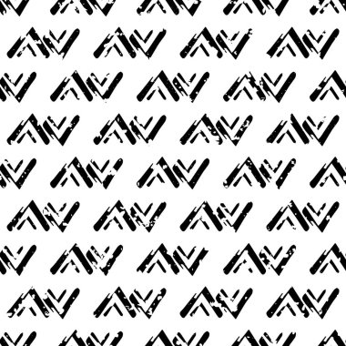 Vektör gevşek kabile zig zag grunge pürüzsüz desen arka planı. Boyalı fırça darbeleri etnik siyah beyaz simgeler. Geometrik tasarım. Paketleme ve kırtasiye malzemesi için her yerde baskı var..
