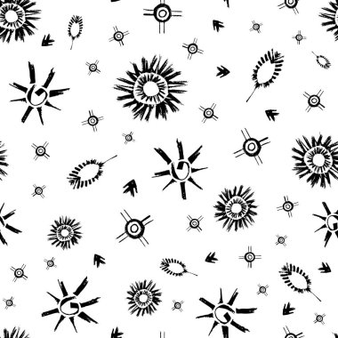 Etnik ve kabile motiflerini kusursuz bir şekilde sıralayın. Grunge tarzı siyah beyaz arka plan, güneş, yıldız sembolleri artı yapraklar, oklar. El çizimi fırça darbesi tasarımı. Her yerde..