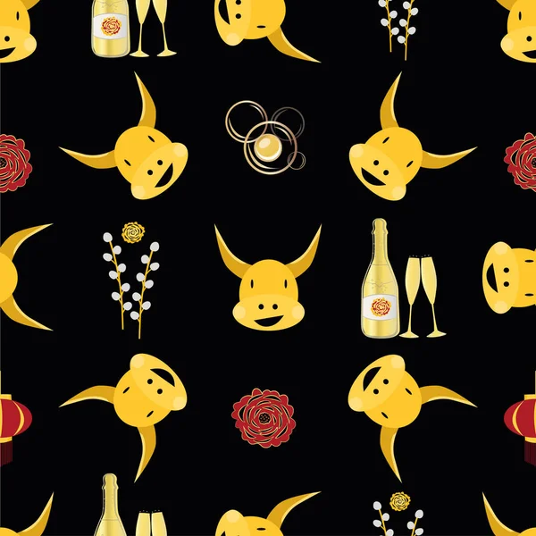 Vector Chinese new year of the ox seamless pattern background. Backdrop of cute gold kawaii bull, champagne bottles, glasses, bubbles, pussy willow and paper cut out peonies. Calendar symbol of 2021. - Stok Vektor