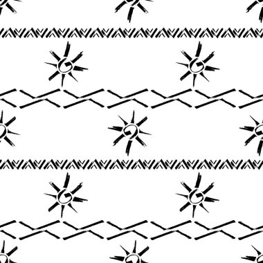 Vektör grunge aztec kabile zig zag ve güneşsiz model arka planı. Ressam yıldız ve sembollerin etnik motifleri siyah ve beyaz arka plan. Paketleme ve kırtasiye için geometrik yatay tasarım.