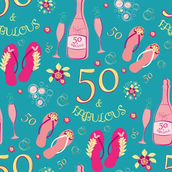 Cincuenta y fabuloso fondo de patrón de vector sin costura. Lujoso rosa, oro, fondo azul aqua con texto, zapatos flip flop, botellas de champán, vasos de chisporroteo, flores. Para concepto de celebración de cumpleaños — Vector de stock