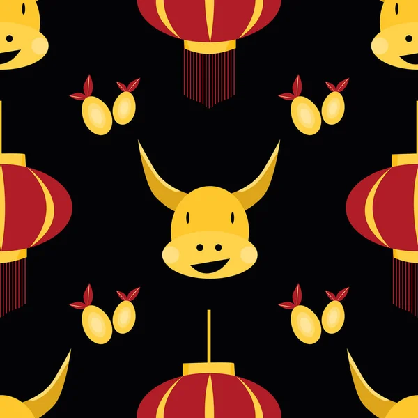 Vektor Kawaii čínský nový rok vola bezešvé vzor pozadí. Roztomilý zlatý zvěrokruh, červené lucerny, ovoce pomelo na černém pozadí. Symbol roku 2021 v kalendáři. Šťastná oslava koncepce. — Stockový vektor