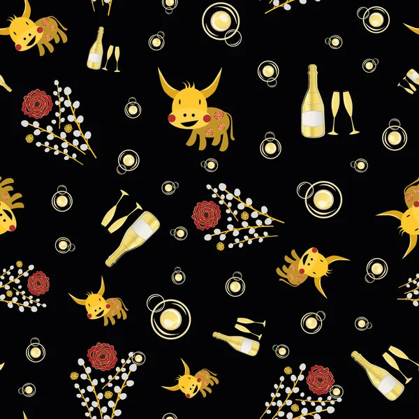 Vector Chinese new year of the ox seamless pattern background. Backdrop of cute gold kawaii bull, champagne bottles, glasses, bubbles, pussy willow and paper cut out peonies. Calendar symbol of 2021. — Stockový vektor