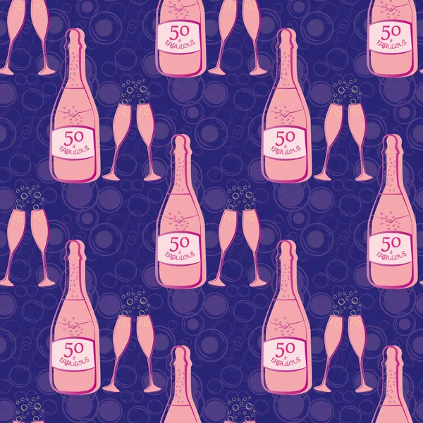 Vijftig en fantastische naadloze vector patroon achtergrond. Girly roze en paarse bubble textuur achtergrond met Champagne flessen, bruisende glazen, tekst. Geometrische herhaling voor mijlpaal verjaardag — Stockvector