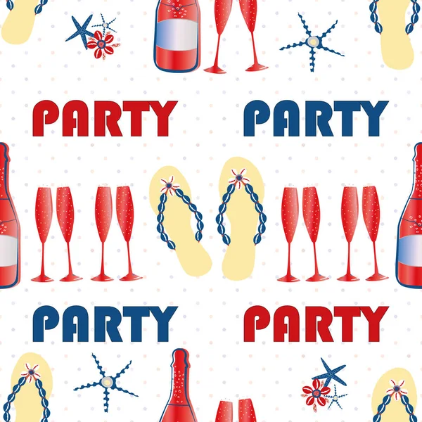 Party Flip-Flop-Schuh nahtlosen Vektormuster Hintergrund. Rot, blau, weißer Hintergrund mit Text, Sandalen, Sektflaschen, Seesternen. Wiederholung der geometrischen Americana-Farbe für das Strandfest — Stockvektor