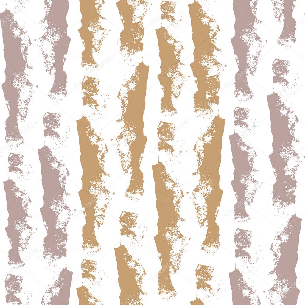 Broken up grunge stripes seamless vector pattern background. Coarse painterly brush stroke vertical alternating striped purple, gold, white backdrop. Linear geometric rough texture all over print