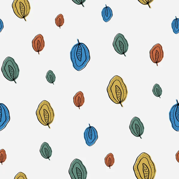 Inky wilde Wiese hinterlässt nahtlose Vektormuster Hintergrund. Hintergrund mit handgezeichneten Linien Kunst grün orange, blau, rot Laub in lockerem volkstümlichen Stil. Verstreute Motive im ganzen Land. — Stockvektor