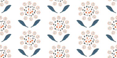 Tarz verilmiş yabani çayır çiçekleri vektör sınırı. Mozaik tarzı turuncu, mavi, gri sarı çiçekli afiş beyaz arka planda. Modern soyut botanik geometrik tasarım. Kurdele, kenar için.