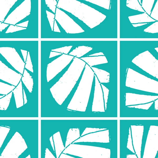 Estilo de impresión mono hojas tropicales sin costura vector patrón de fondo. Fondo con textura recortada follaje en diseño geométrico alicatado. Aqua azul blanco diseño pictórico. Repetición abstracta moderna — Vector de stock