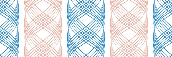 Vector tinta azul y rosa efecto trenza abstracta damasco tejer borde. Banner con cintas de celosía tejida rizada en colores alternos sobre fondo blanco. Diseño geométrico para cinta, ribete, recorte. — Vector de stock