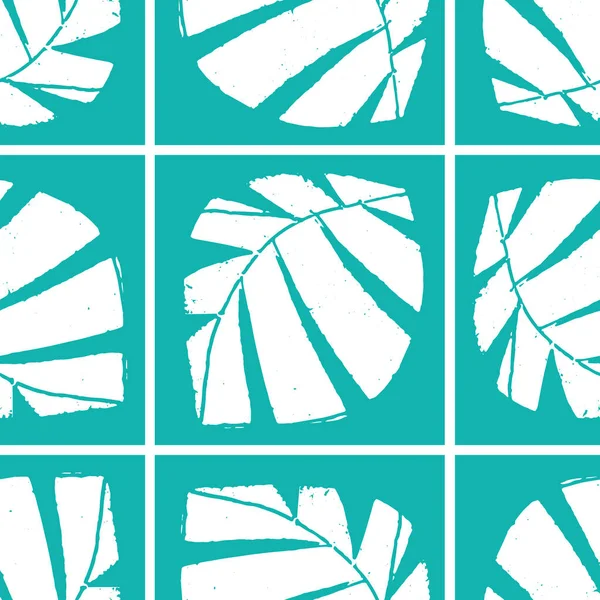 Estilo de impresión mono hojas tropicales sin costura vector patrón de fondo. Fondo con textura recortada follaje en diseño geométrico alicatado. Aqua azul blanco diseño pictórico. Repetición abstracta moderna — Vector de stock