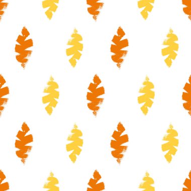 Mono yazdırma biçimi arkasında kusursuz vektör deseni bırakır. Sarıya boyanmış, beyaz arka planda turuncu yapraklar. El yapımı boya pulu geometrik tasarım. Yaz ya da sonbahar ürünleri için