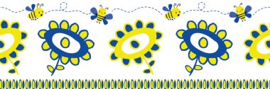 Cute childlike drawing of flowers and kawaii style bees vector border. Banner of yellow, cobalt blue scribbled florals and flying insects bugs on white backdrop. Hand drawn design. For ribbon, edging clipart