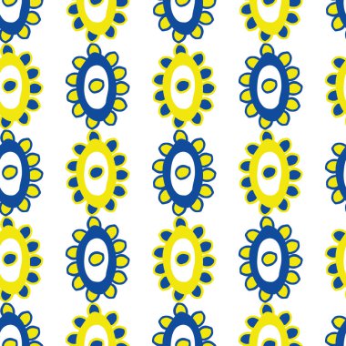 Çiçeklerin dikdörtgen desenli çocuksu çizimi. Basit dikey sarı çizgiler, kobalt mavisi çiçekli beyaz arkaplan. Çocuk ürünleri için Geometrik karalanmış tasarım