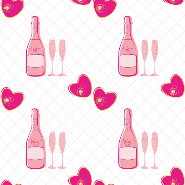 Szampan i serca płynny wzór tła wektora. Różowe butelki, szklanki, napój gazowany na białym, teksturowanym tle. Eleganckie wino musujące różane z nadrukiem na zaręczyny, Walentynki — Wektor stockowy