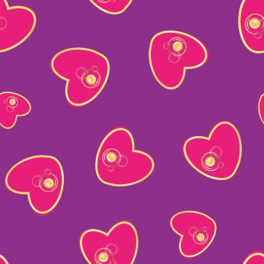 Vektör pembe kalpler kusursuz desenli arka plan. Elle çizilmiş altın çerçeveli dağınık aşk sembolleri mor arka planda. Nişan, düğün, Sevgililer Günü kutlaması konsepti için her yerde romantizm var.