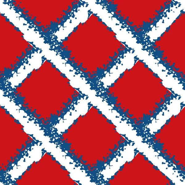 Vector wicker weave seamless pattern background. Painterly grunge brush diagonal grid mesh backdrop. Woven criss cross red,blue, white geometric repeat design. Nautical all over print for packaging — Stock Vector