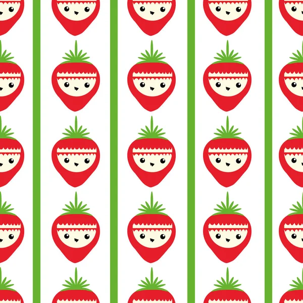 Милый кавайский клубничный бесшовный векторный фон. Фон с счастливой улыбкой и смеющиеся фруктовые мультфильмы лица и чередующиеся полосы Весело по всему принт-дизайн для детей концепции здорового питания. — стоковый вектор