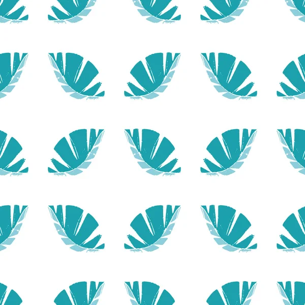 Der geometrische Mono-Print-Stil hinterlässt einen nahtlosen Vektormuster-Hintergrund. Texturiertes ausgeschnittenes aqua-blaues Laub auf weißem Hintergrund. Handgefertigtes, malerisch symmetrisches Design. All over print für Wellness, Wohlbefinden — Stockvektor