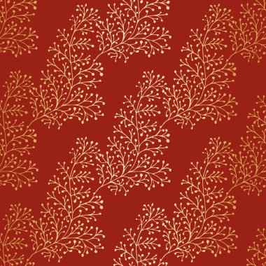 Jacquard etkisi yabani çayır otları kusursuz vektör desenli arka plan. Yapraklardan oluşan altın ve kırmızı metal folyo efekti, geometrik damask tasarımı. Festival ürünleri için botanik barok yaprakları yineleniyor