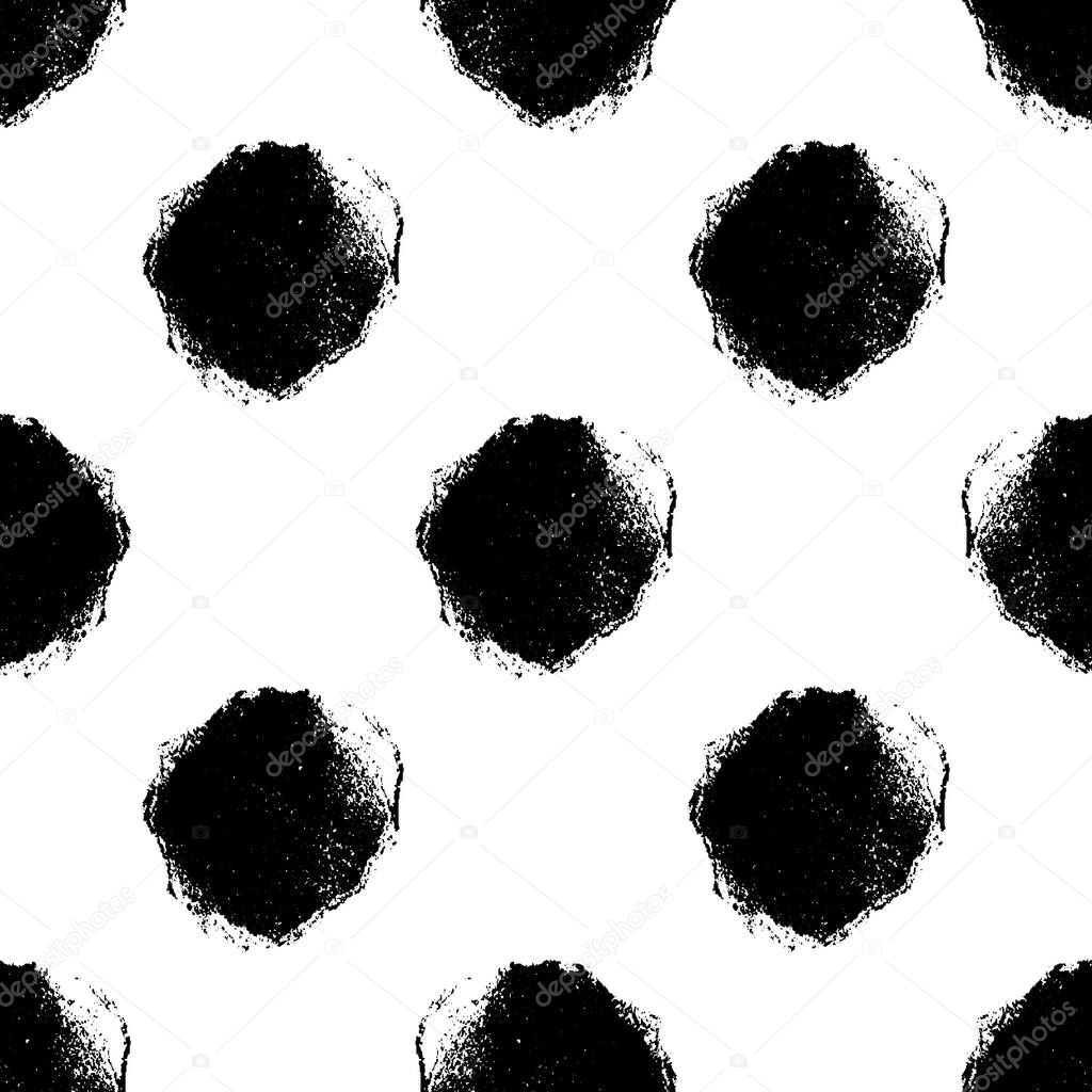 Mono print style grunge circles seamless vector pattern background. Black and white textured stamp effect round shapes on white backdrop. Hand crafted stamp design. All over print