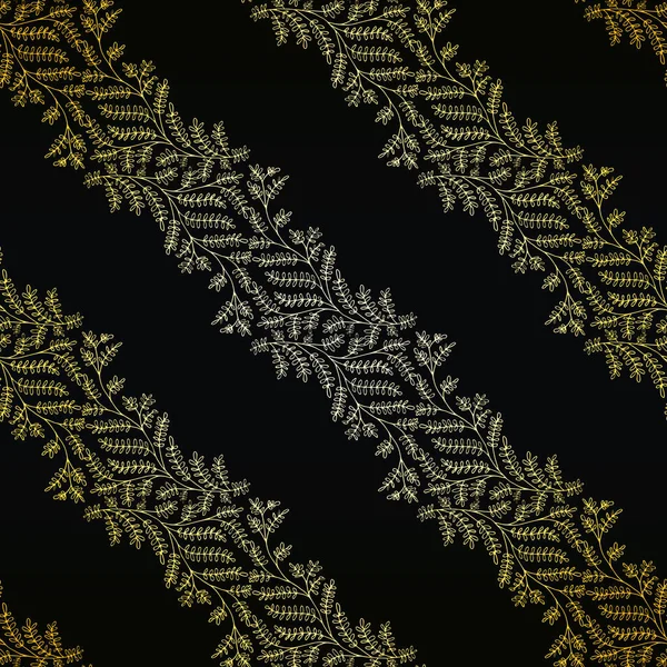 Jacquard-Effekt wildes Wiesengras nahtlose Vektormuster Hintergrund. Goldschwarzer Hintergrund aus Blättern in elegantem geometrischem Damast-Design mit diagonalen Streifen. Botanisches Barock-Blattwerk überall — Stockvektor
