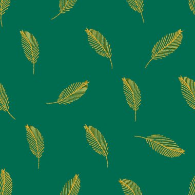 Mono yazdırma biçimi arkasında kusursuz vektör deseni bırakır. Yeşil zemine saçılmış sarı renkli yeşillikler. Ev yapımı bir konsept. Minimum tasarım. Paketleme ve hediye paketi için her yerde baskı var.