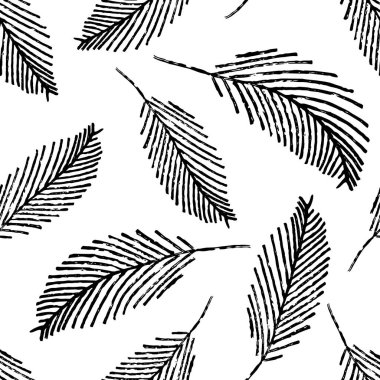 Mono print style scattered leaves seamless vector pattern background. Simple lino cut effect painterly leaf foliage on white backdrop. At home hand crafted design concept. Minimal repeat for packaging clipart