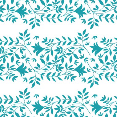 Zarif yabani çayır otları kusursuz vektör desenli arka plan. Beyaz arka planda yatay sıra halinde stilize edilmiş su mavisi yapraklar. Geometrik damask tarzı tasarım. Her yerde botanik yaprakları var..